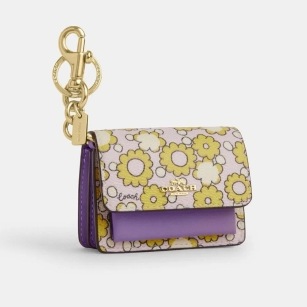 💛▪️Coach▪️ Mini Klare Bag Charm in Block Floral Keychain Purplw/Yellow Wallet